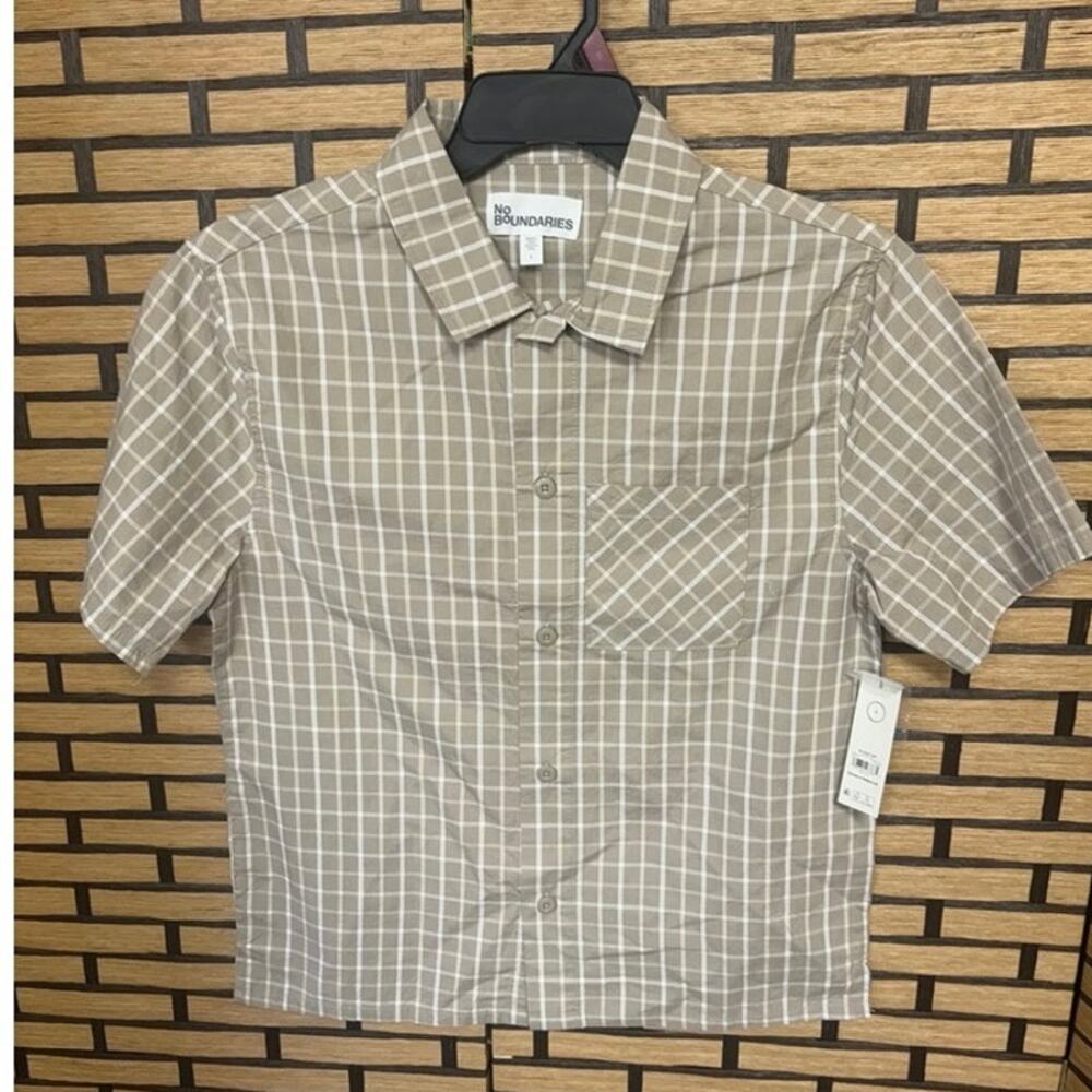 No Boundaries‎ Tan Plaid Button Down Shirt Size XS